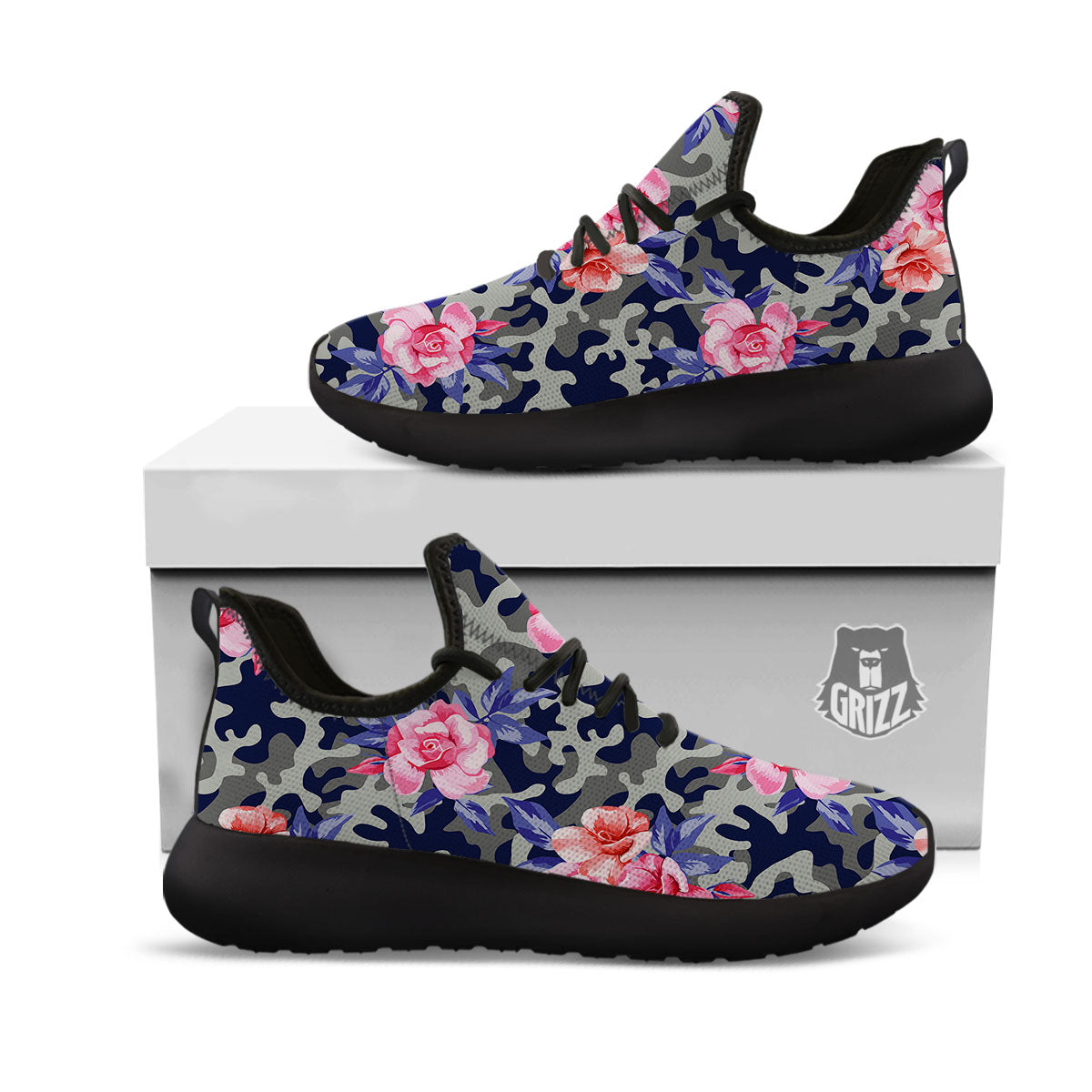 Camouflage Flower Pink Rose Print Black Athletic Shoes-grizzshop