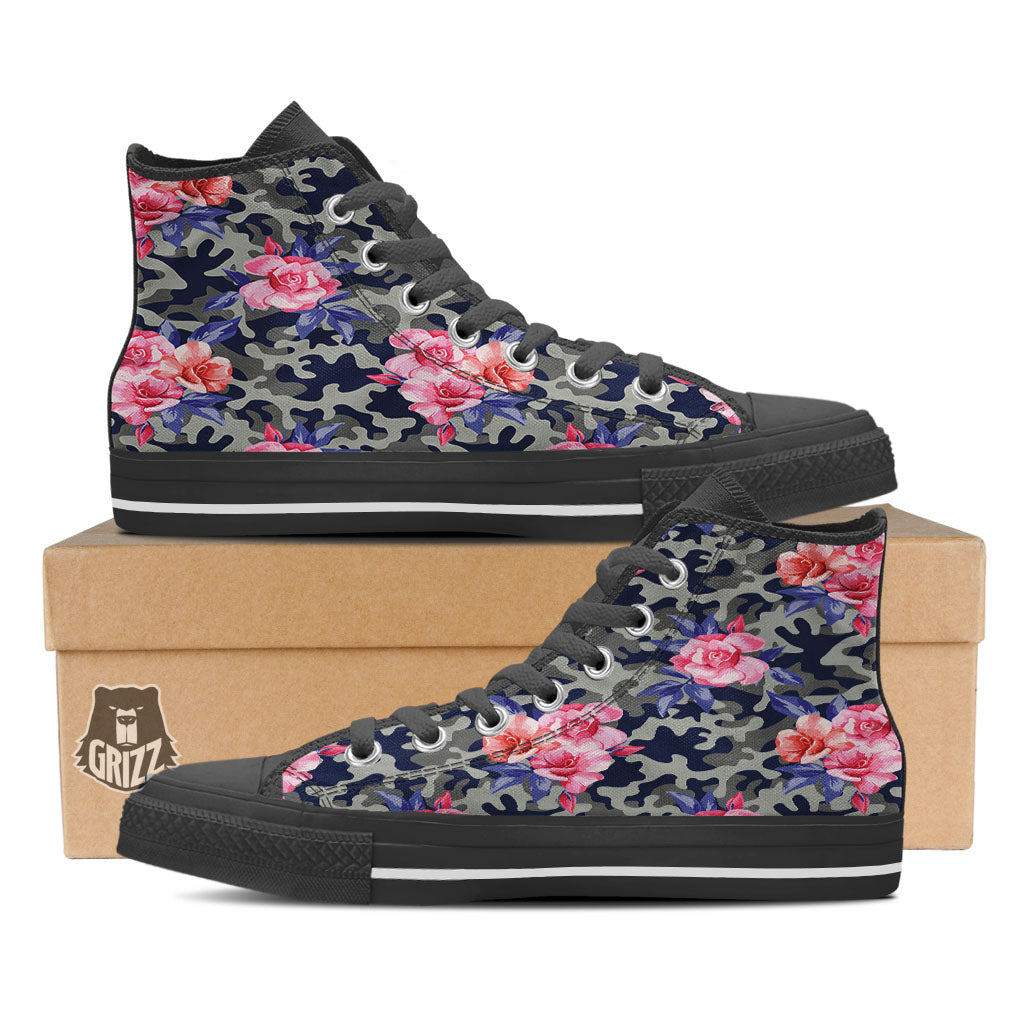Camouflage Flower Pink Rose Print Black High Top Shoes-grizzshop