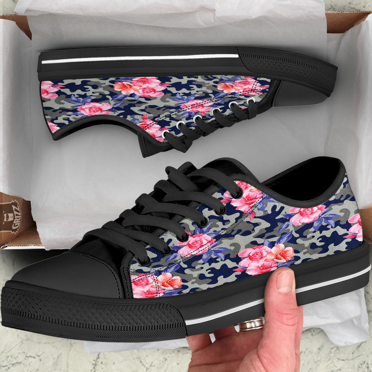 Camouflage Flower Pink Rose Print Black Low Top Shoes-grizzshop