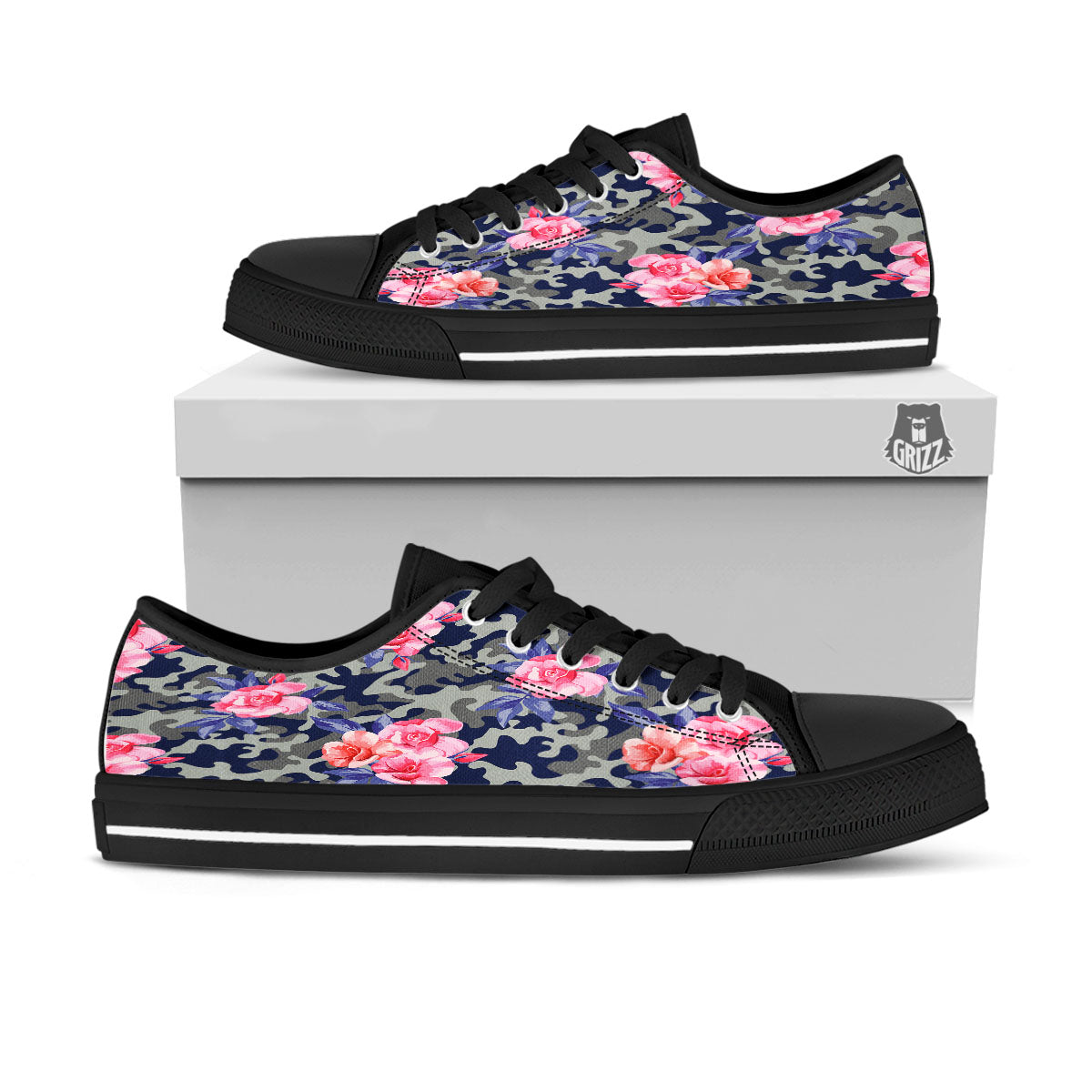 Camouflage Flower Pink Rose Print Black Low Top Shoes-grizzshop