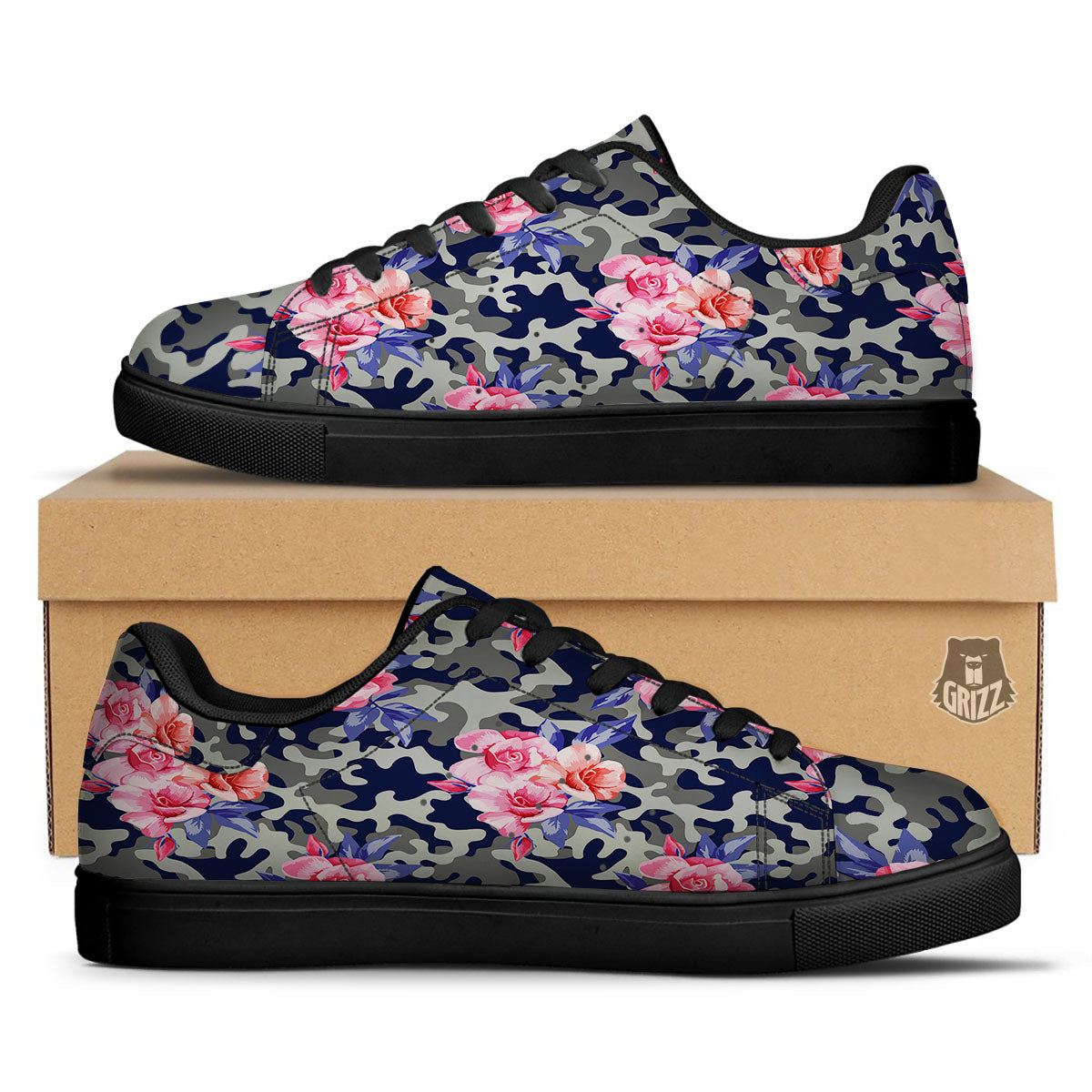 Camouflage Flower Pink Rose Print Black Low Top Sneakers-grizzshop