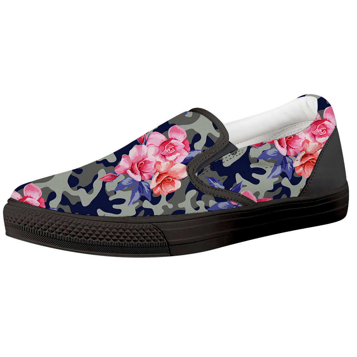 Camouflage Flower Pink Rose Print Black Slip On Shoes-grizzshop