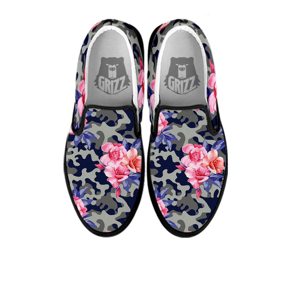 Camouflage Flower Pink Rose Print Black Slip On Shoes-grizzshop