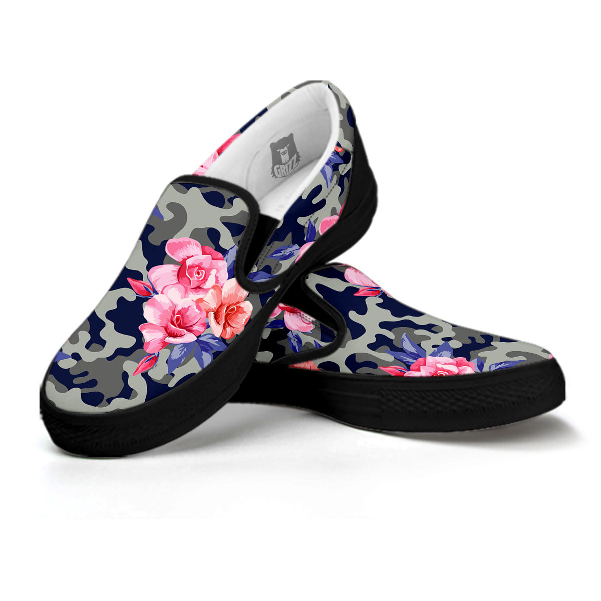 Camouflage Flower Pink Rose Print Black Slip On Shoes-grizzshop