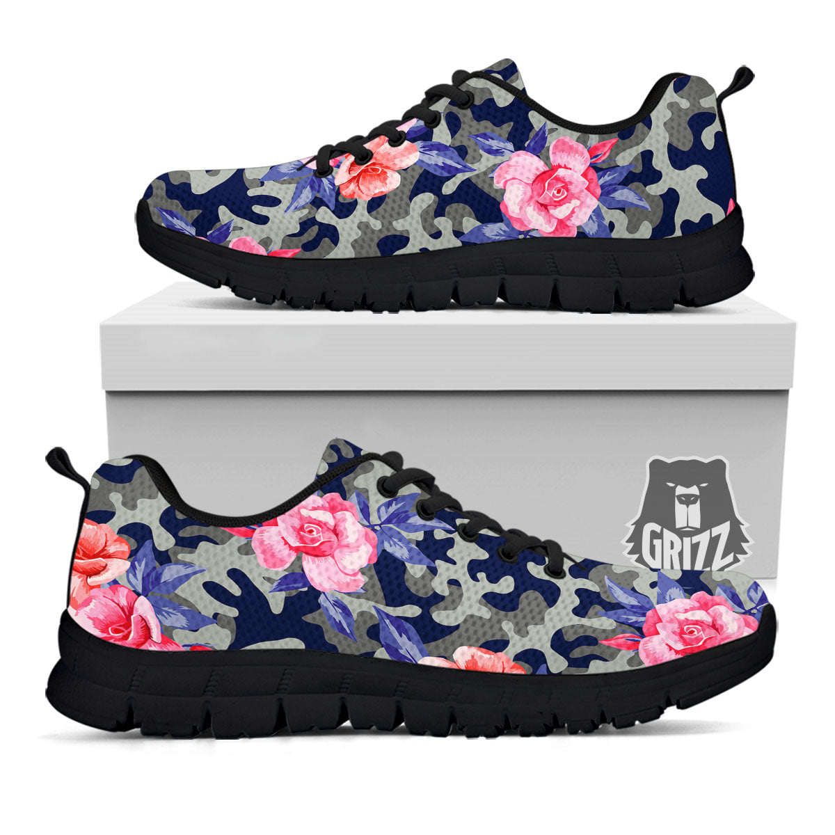 Camouflage Flower Pink Rose Print Black Sneaker-grizzshop