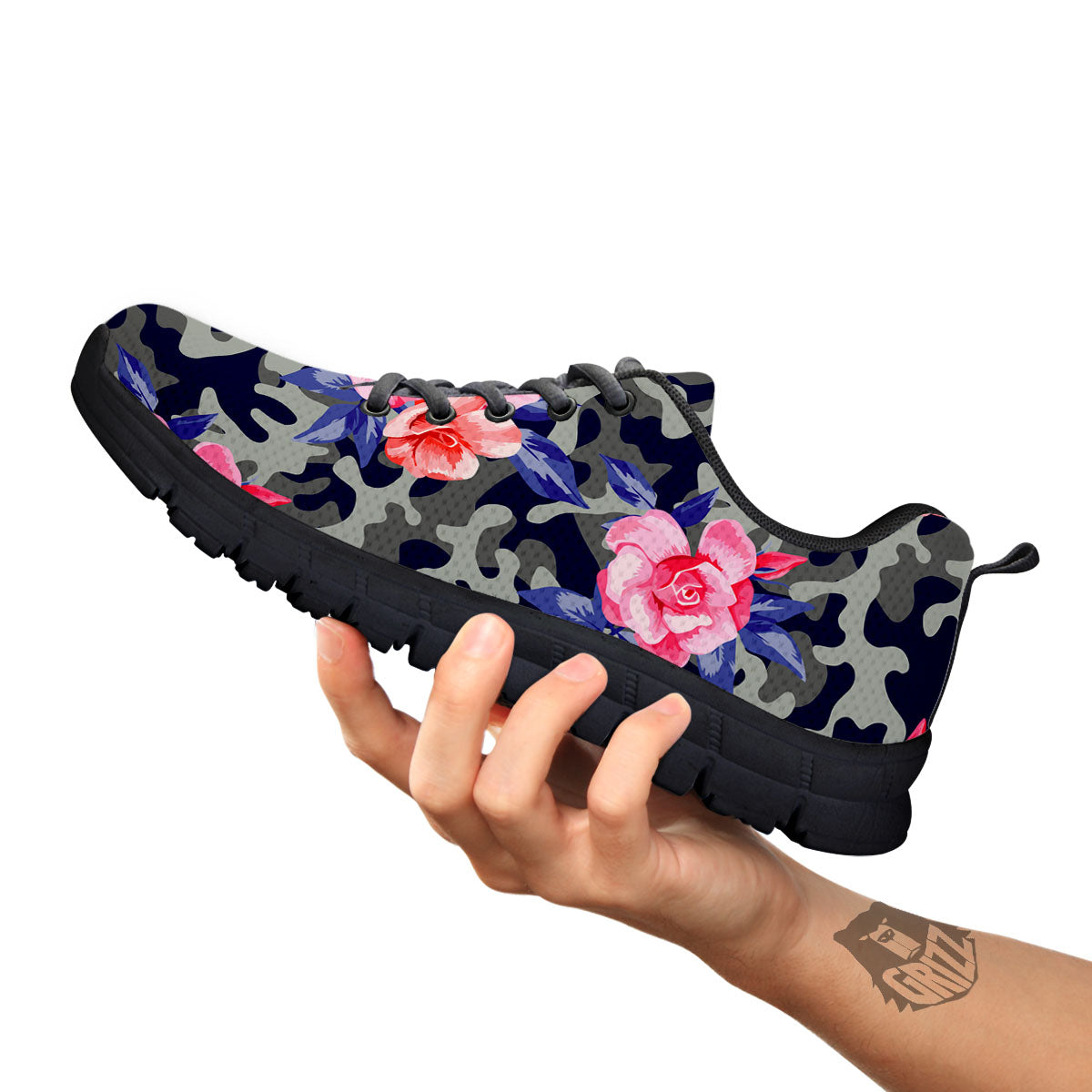 Camouflage Flower Pink Rose Print Black Sneaker-grizzshop