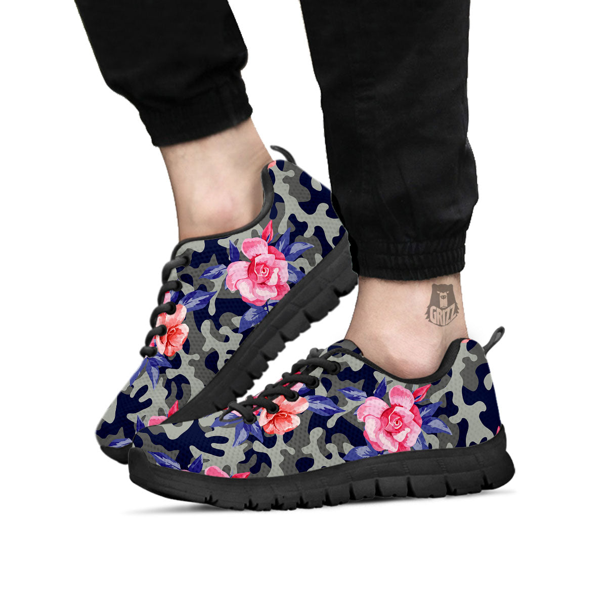 Camouflage Flower Pink Rose Print Black Sneaker-grizzshop