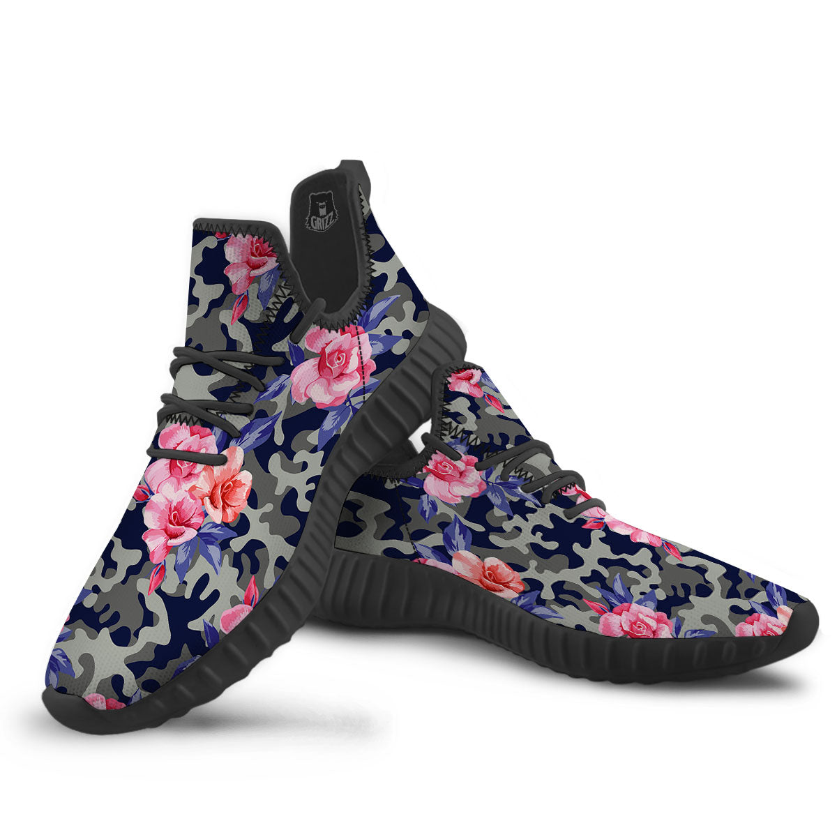 Camouflage Flower Pink Rose Print Black Walking Shoes-grizzshop