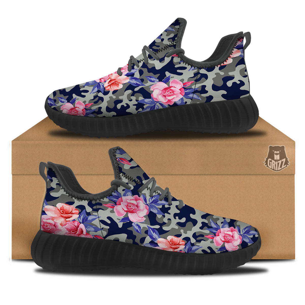 Camouflage Flower Pink Rose Print Black Walking Shoes-grizzshop