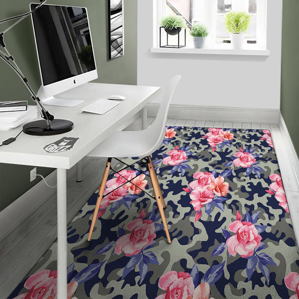 Camouflage Flower Pink Rose Print Floor Mat-grizzshop