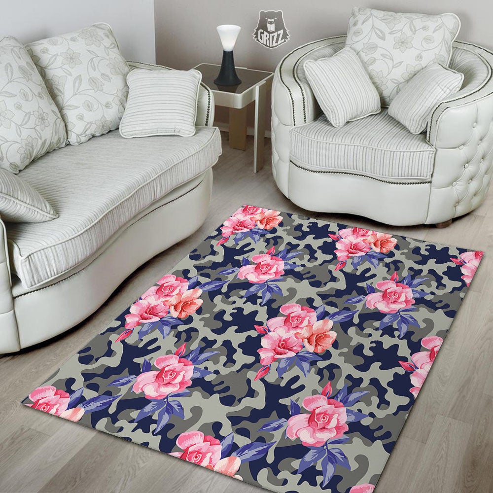 Camouflage Flower Pink Rose Print Floor Mat-grizzshop