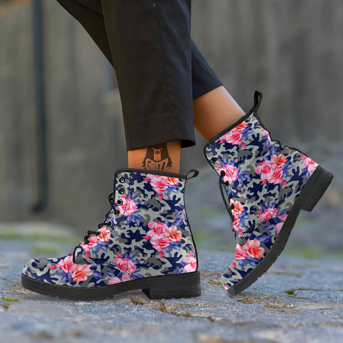 Camouflage Flower Pink Rose Print Leather Boots-grizzshop