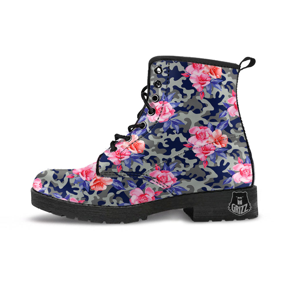 Camouflage Flower Pink Rose Print Leather Boots-grizzshop