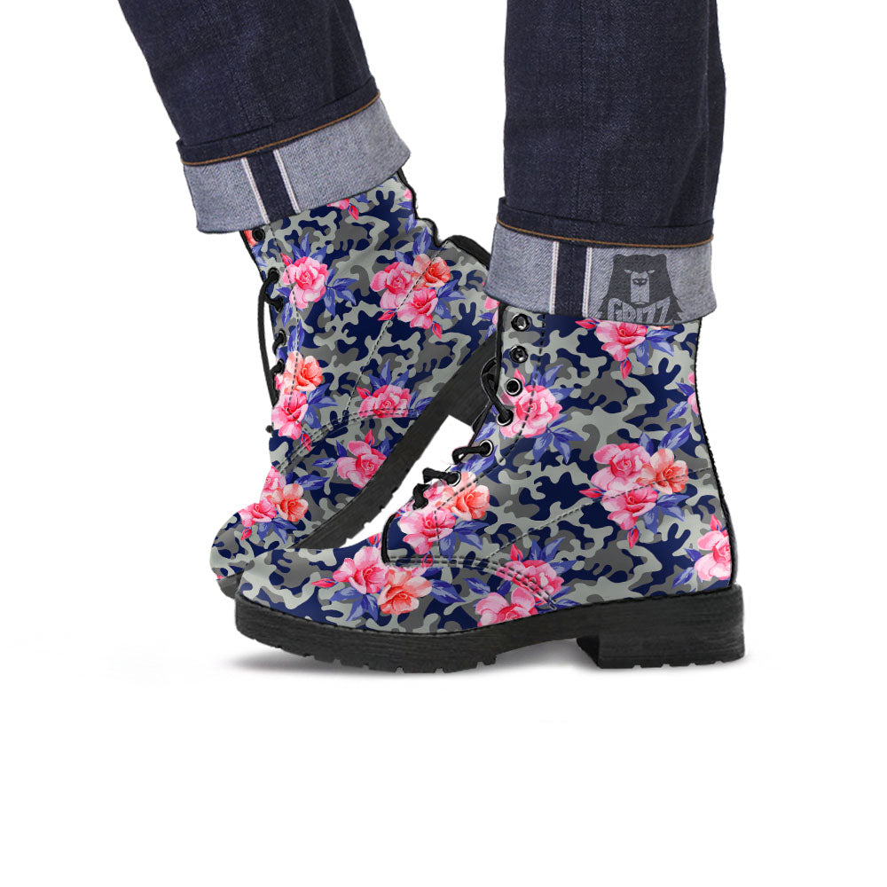 Camouflage Flower Pink Rose Print Leather Boots-grizzshop