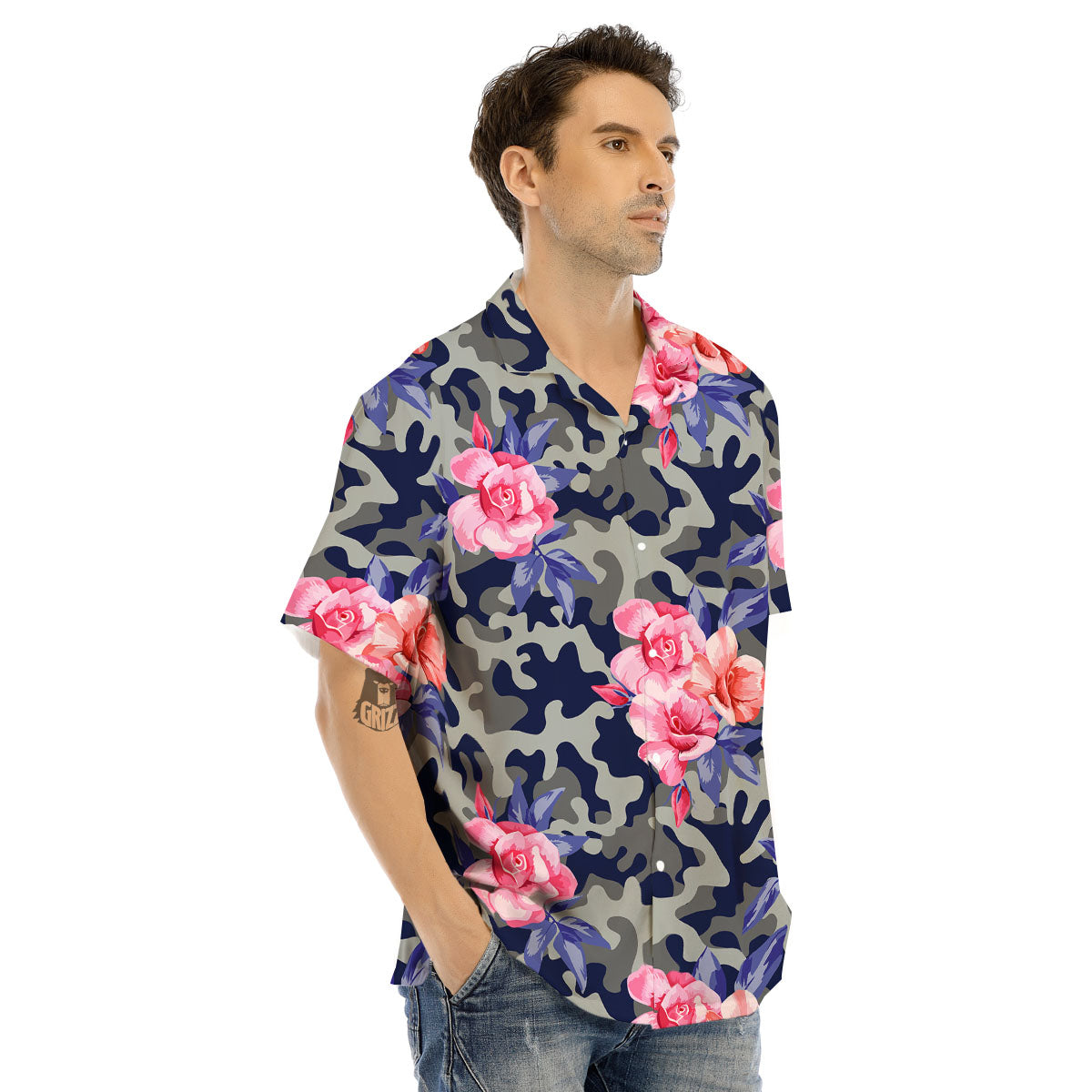 Camouflage Flower Pink Rose Print Men's Hawaiian Shirt-grizzshop
