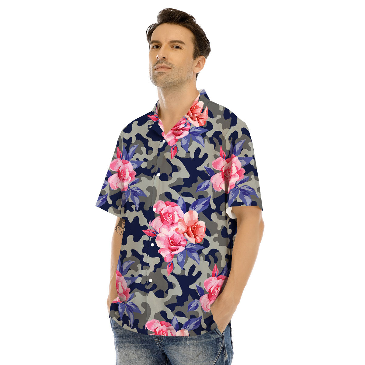 Camouflage Flower Pink Rose Print Men's Hawaiian Shirt-grizzshop