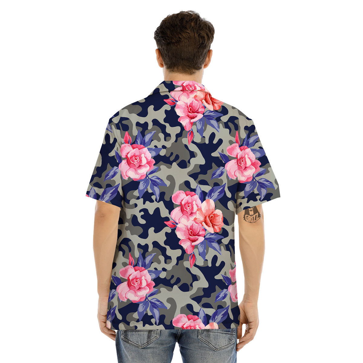 Camouflage Flower Pink Rose Print Men's Hawaiian Shirt-grizzshop