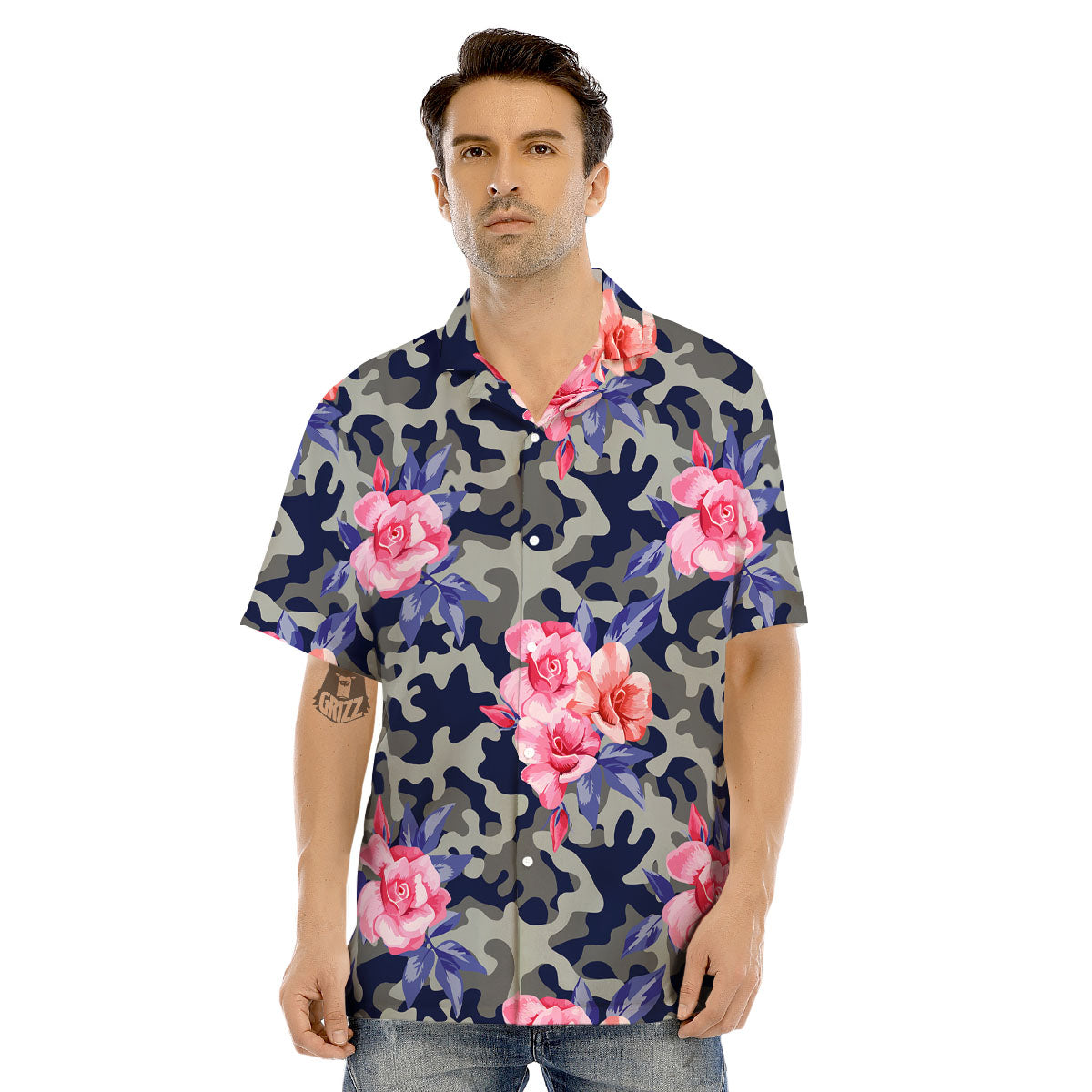 Camouflage Flower Pink Rose Print Men's Hawaiian Shirt-grizzshop