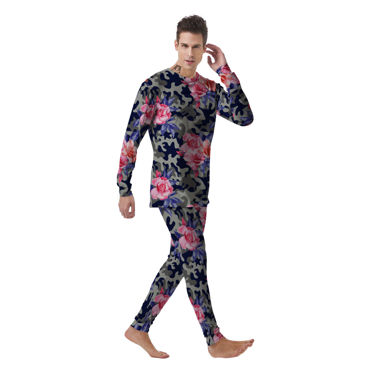 Camouflage Flower Pink Rose Print Men's Pajamas-grizzshop