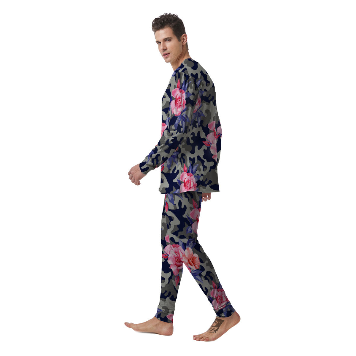 Camouflage Flower Pink Rose Print Men's Pajamas-grizzshop