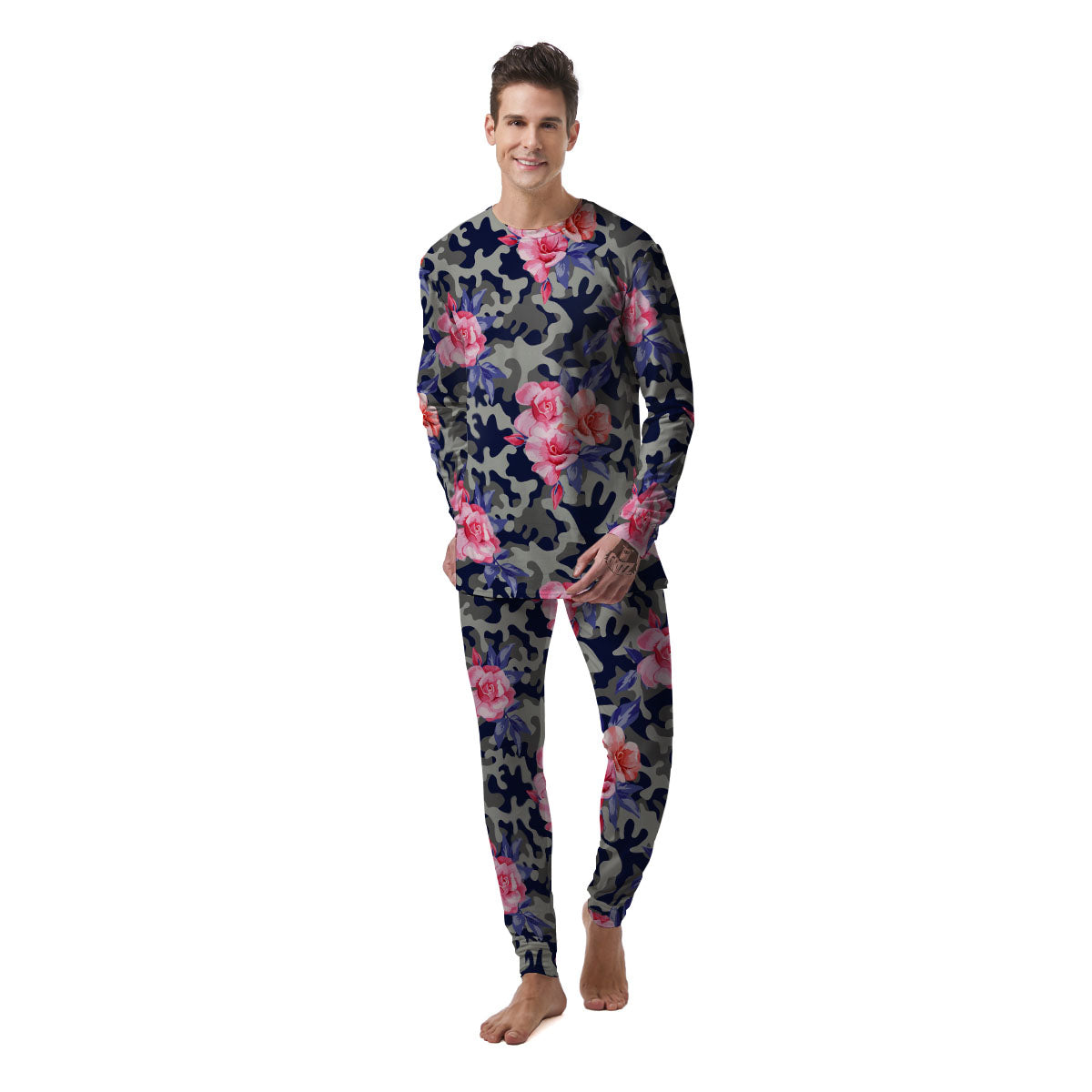 Camouflage Flower Pink Rose Print Men's Pajamas-grizzshop