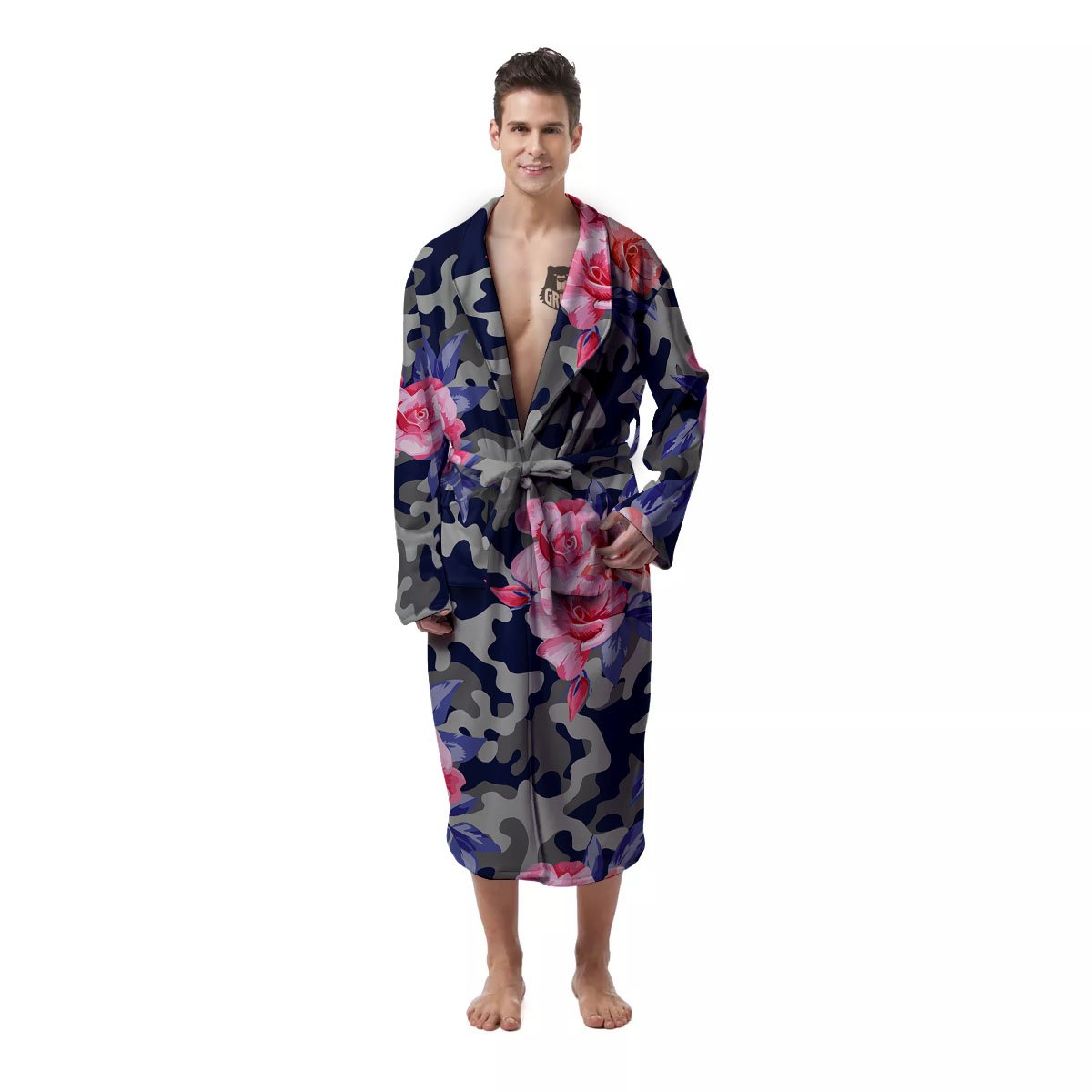 Camouflage Flower Pink Rose Print Men's Robe-grizzshop