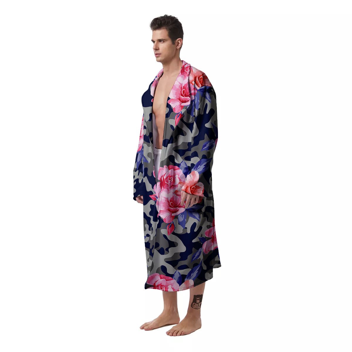 Camouflage Flower Pink Rose Print Men's Robe-grizzshop