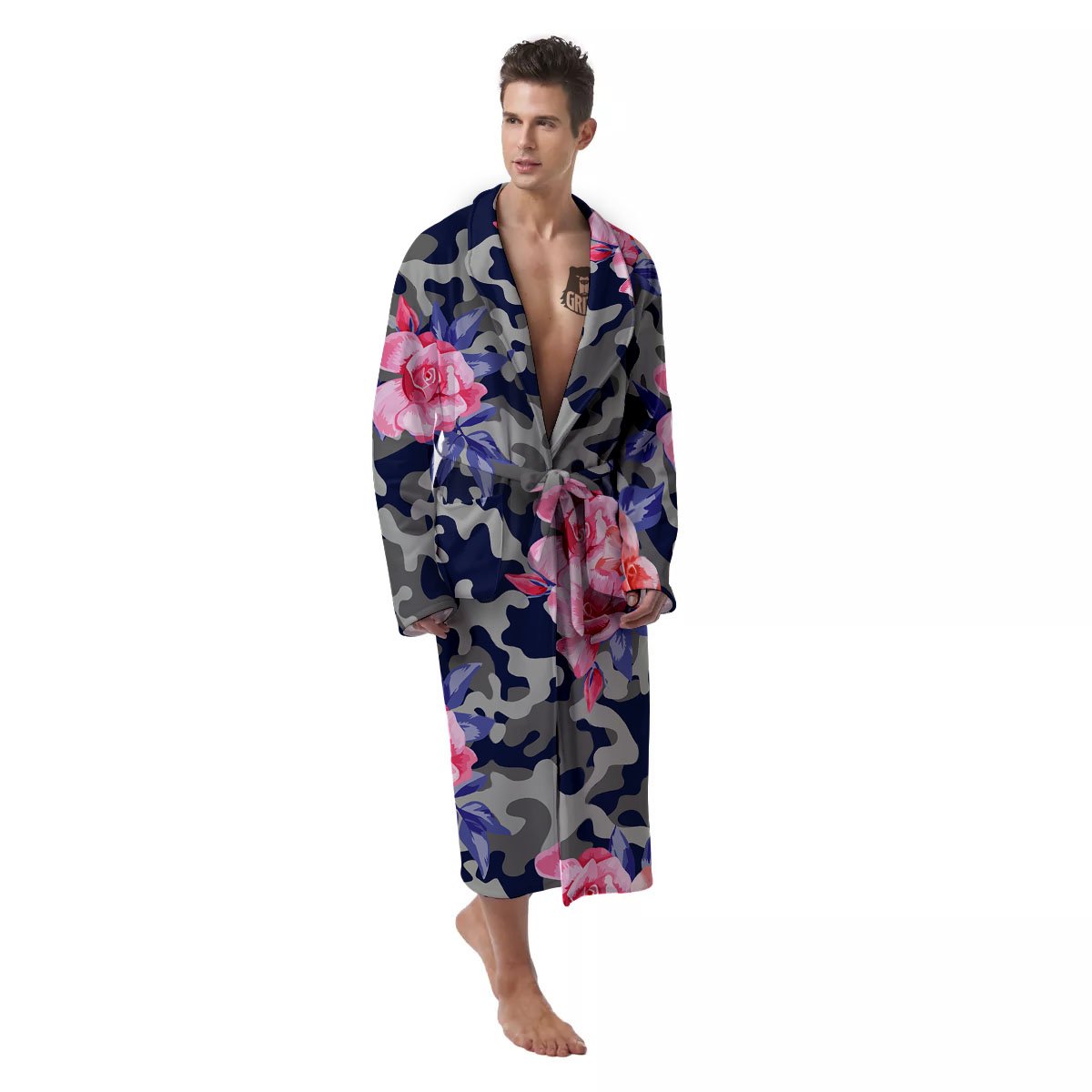 Camouflage Flower Pink Rose Print Men's Robe-grizzshop
