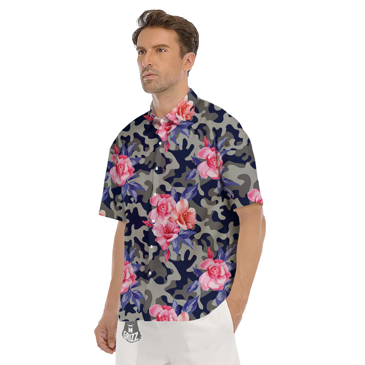 Camouflage Flower Pink Rose Print Men's Short Sleeve Shirts-grizzshop