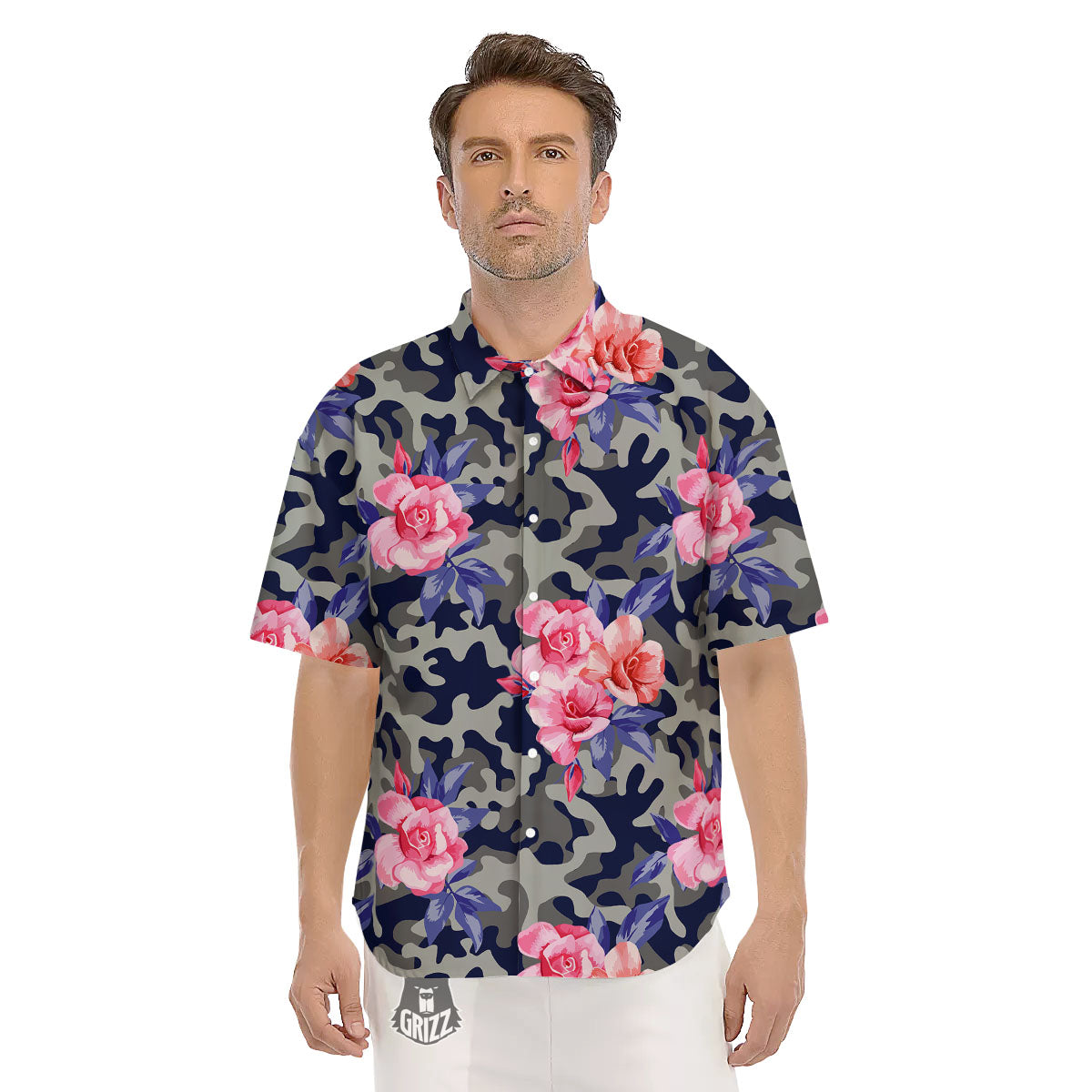 Camouflage Flower Pink Rose Print Men's Short Sleeve Shirts-grizzshop