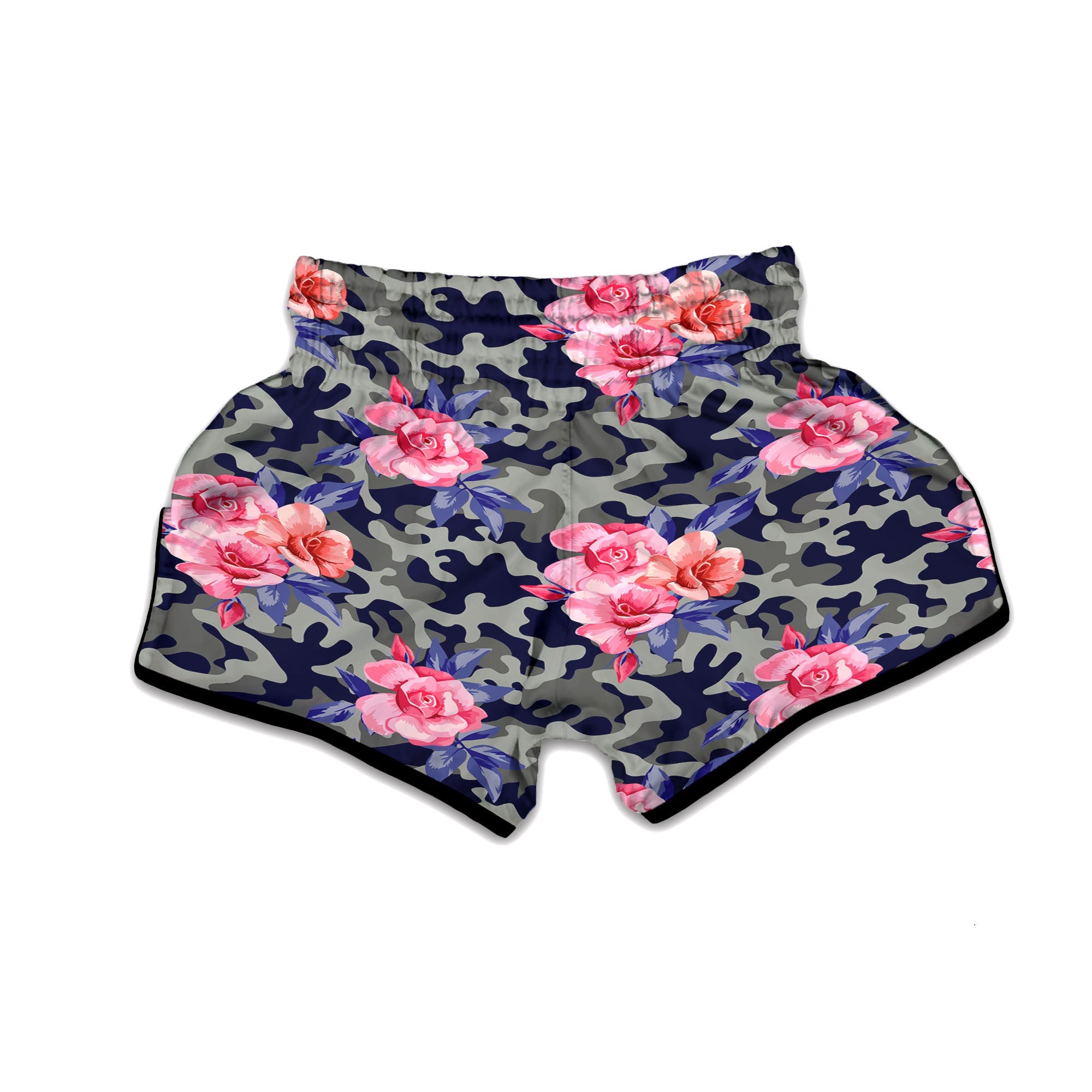 Camouflage Flower Pink Rose Print Muay Thai Boxing Shorts-grizzshop
