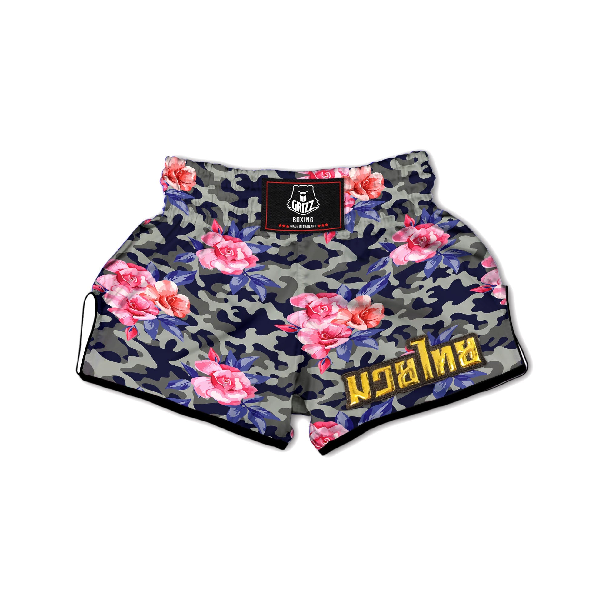 Camouflage Flower Pink Rose Print Muay Thai Boxing Shorts-grizzshop