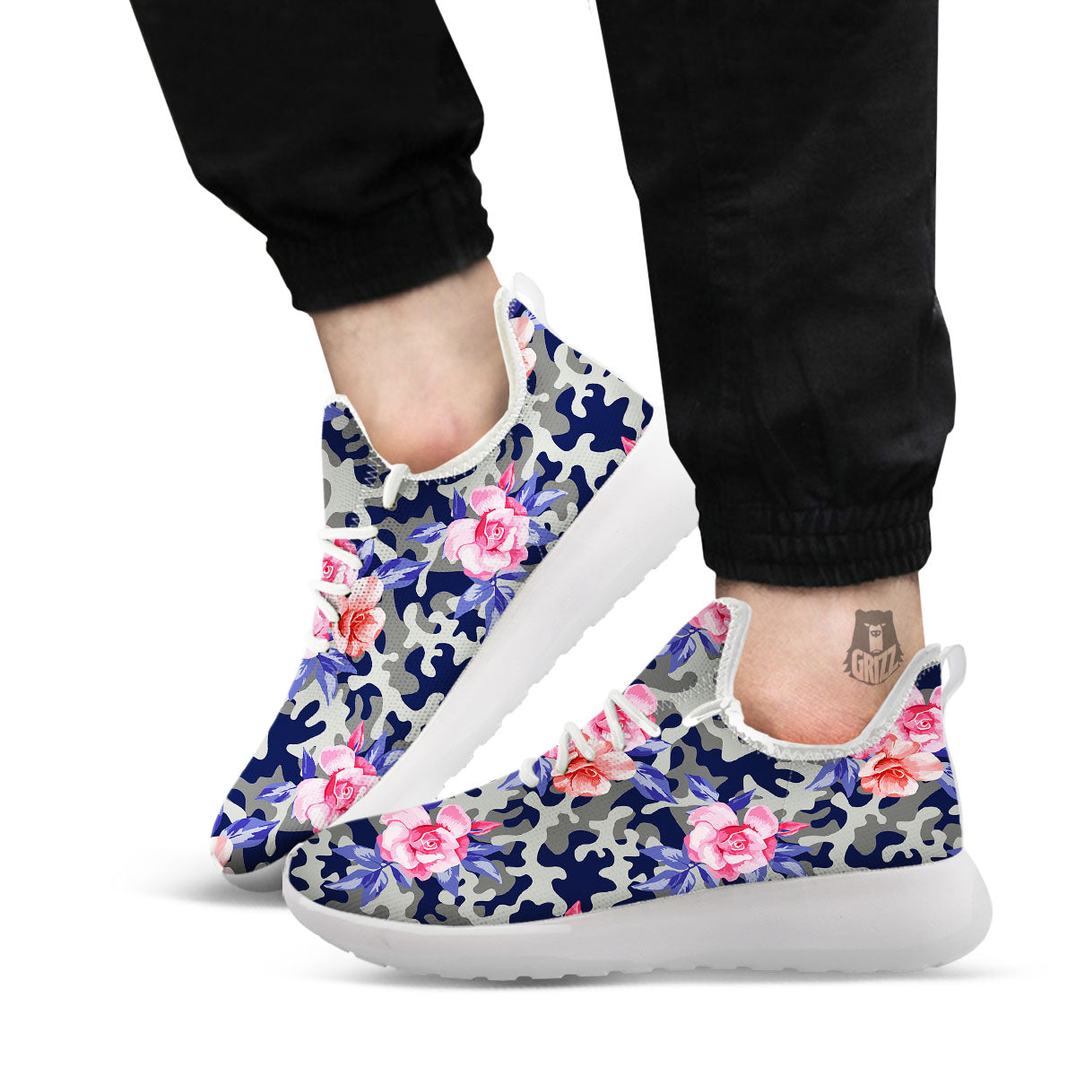 Camouflage Flower Pink Rose Print White Athletic Shoes-grizzshop