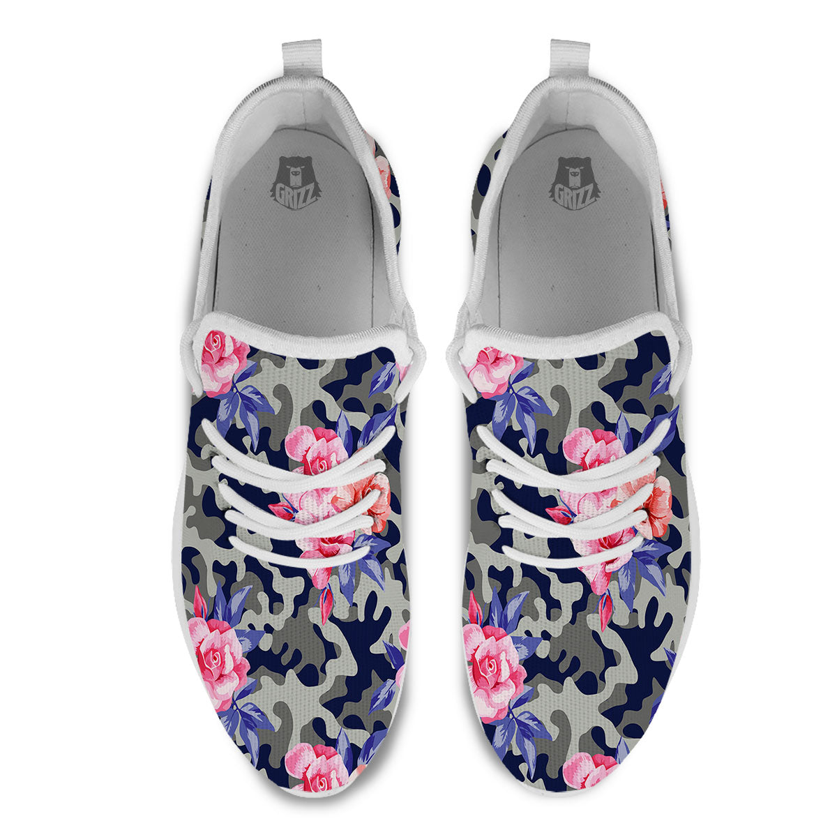 Camouflage Flower Pink Rose Print White Athletic Shoes-grizzshop