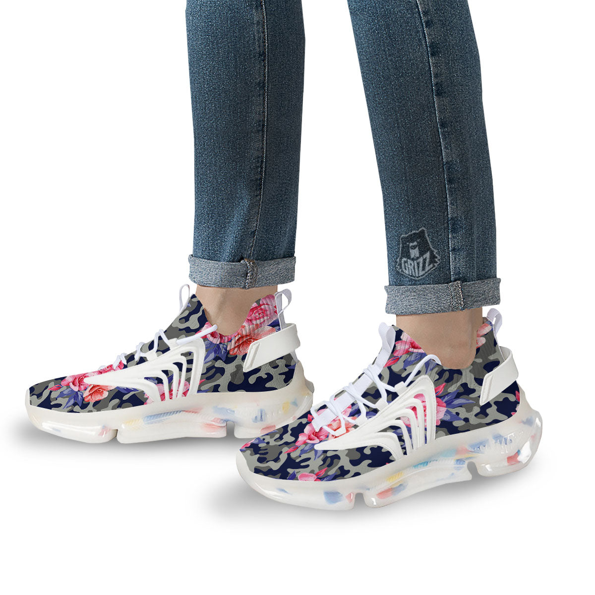 Camouflage Flower Pink Rose Print White Gym Shoes-grizzshop