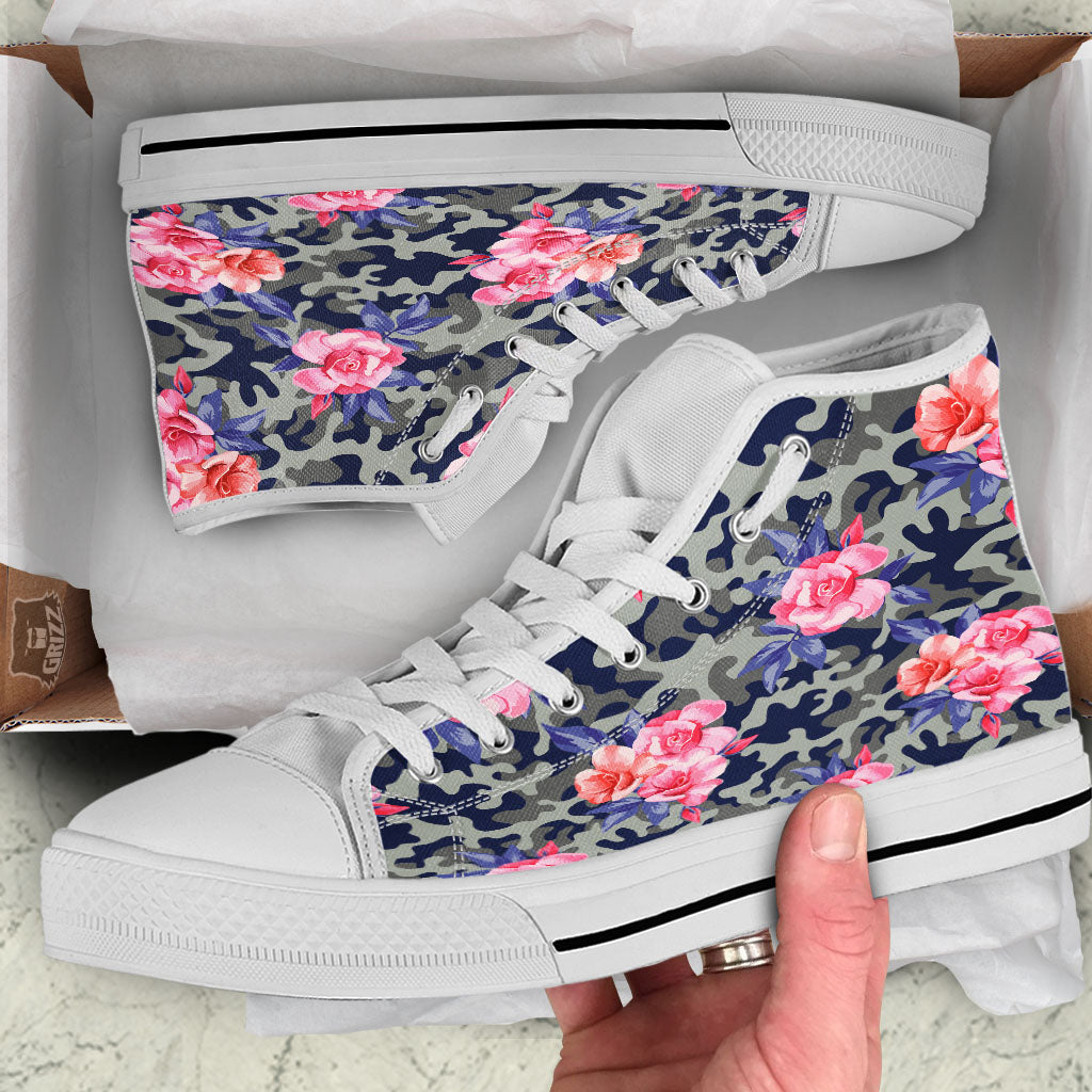 Camouflage Flower Pink Rose Print White High Top Shoes-grizzshop
