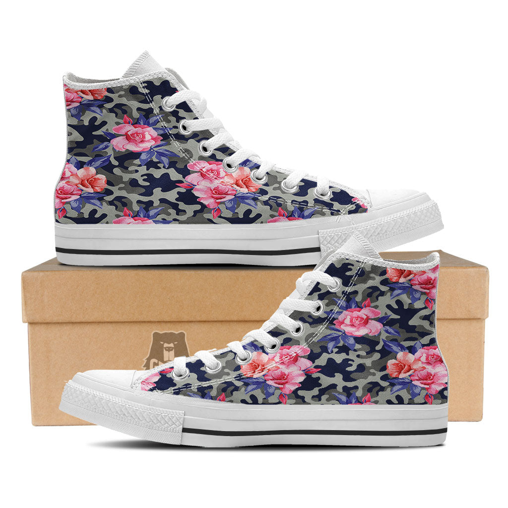 Camouflage Flower Pink Rose Print White High Top Shoes-grizzshop