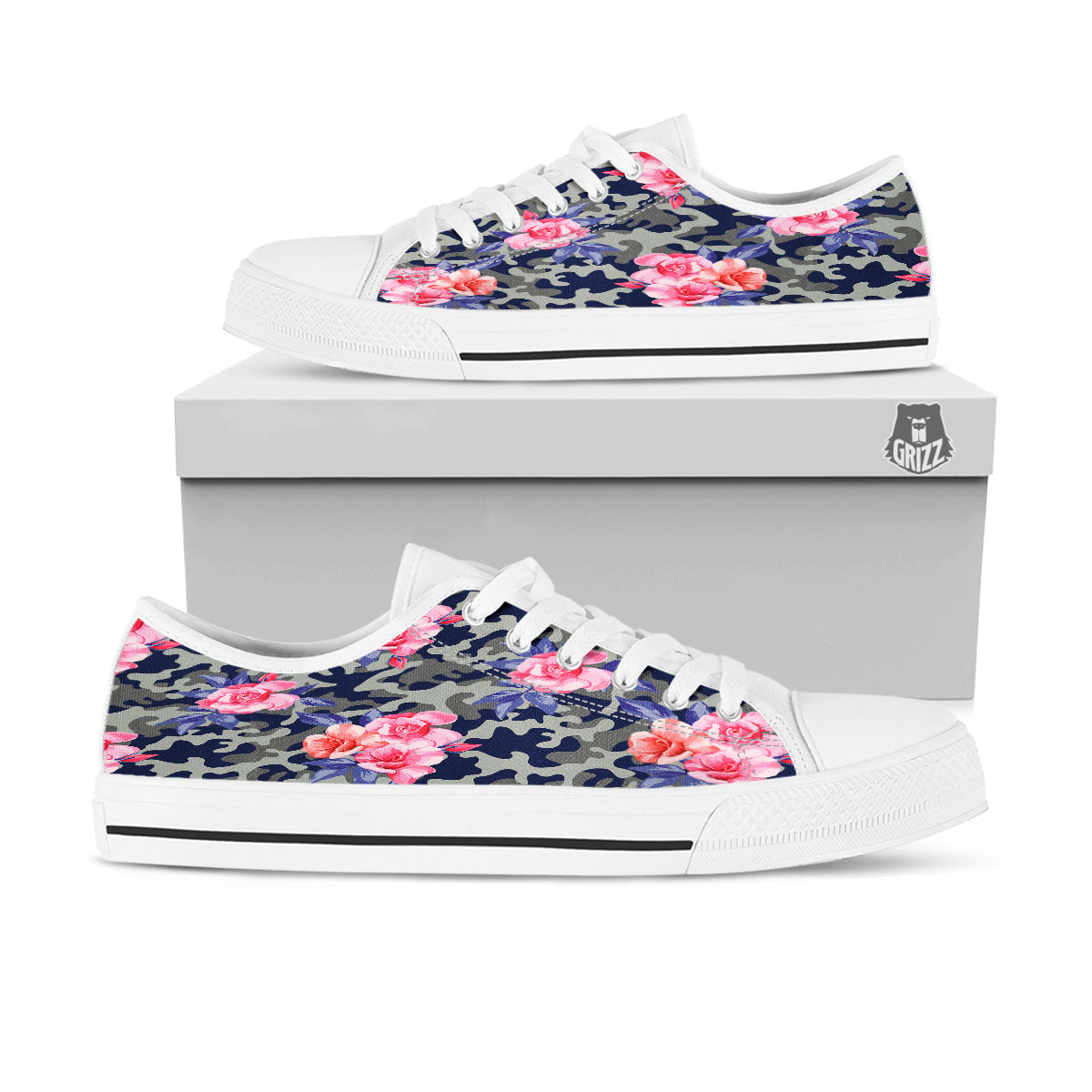 Camouflage Flower Pink Rose Print White Low Top Shoes-grizzshop