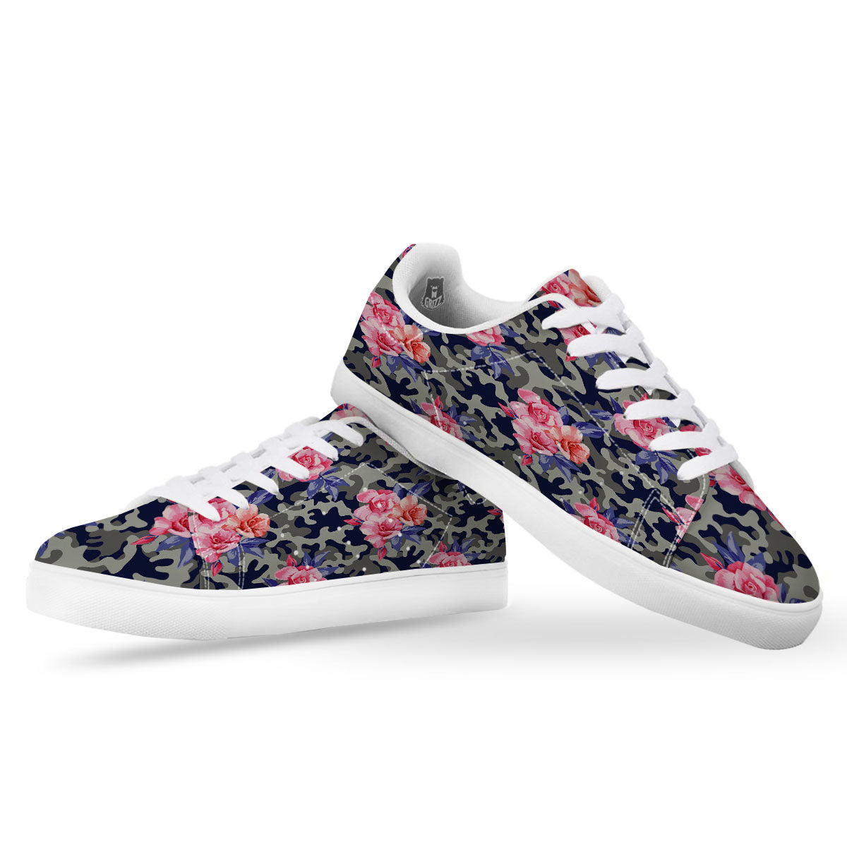 Camouflage Flower Pink Rose Print White Low Top Sneakers-grizzshop