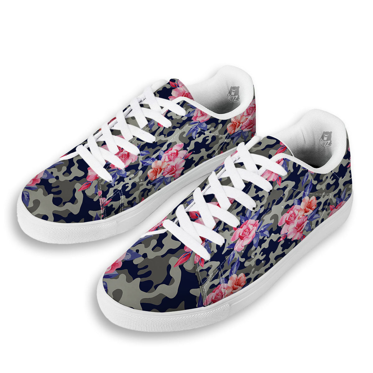 Camouflage Flower Pink Rose Print White Low Top Sneakers-grizzshop