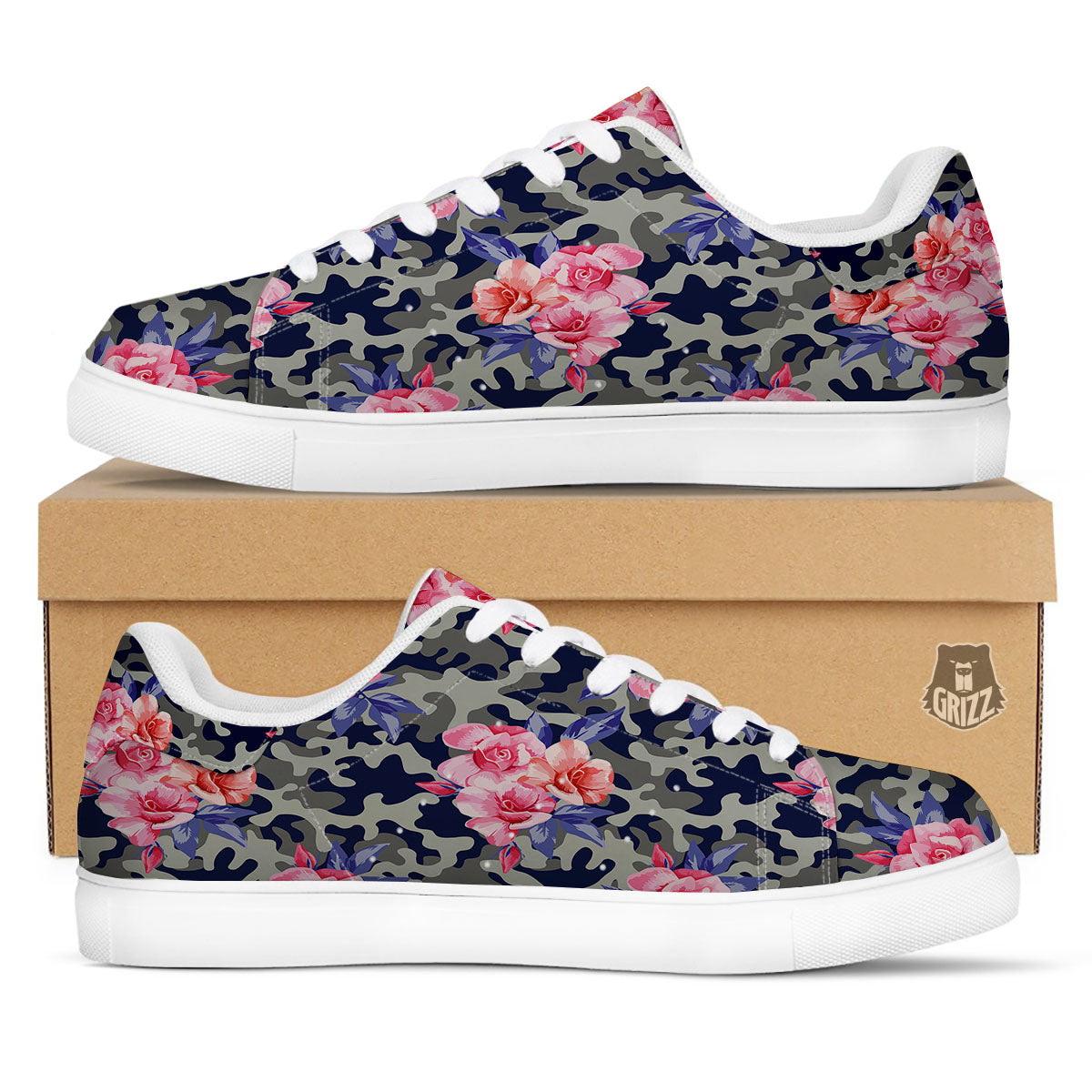 Camouflage Flower Pink Rose Print White Low Top Sneakers-grizzshop