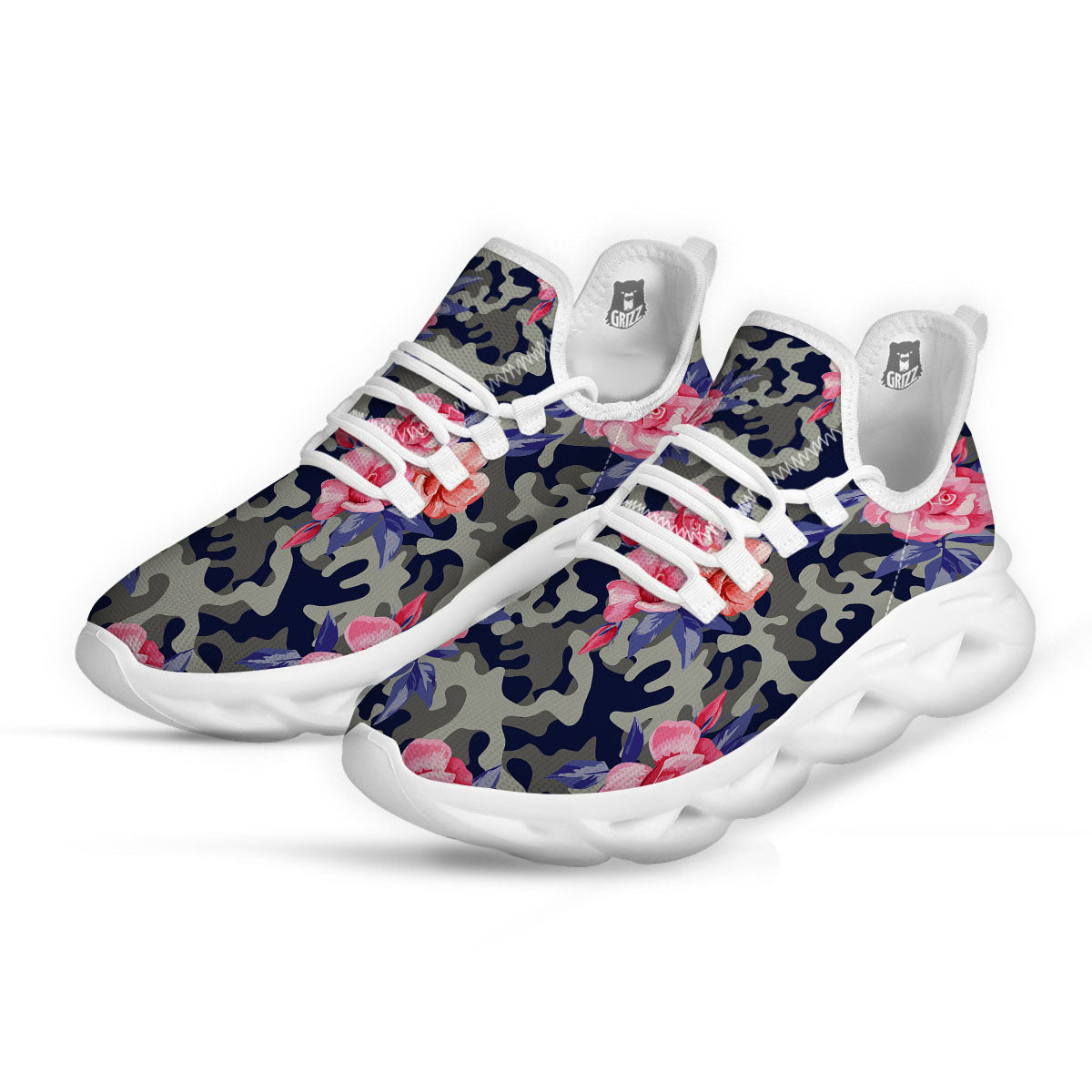 Camouflage Flower Pink Rose Print White Running Shoes-grizzshop