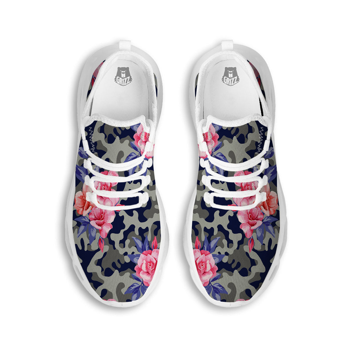 Camouflage Flower Pink Rose Print White Running Shoes-grizzshop