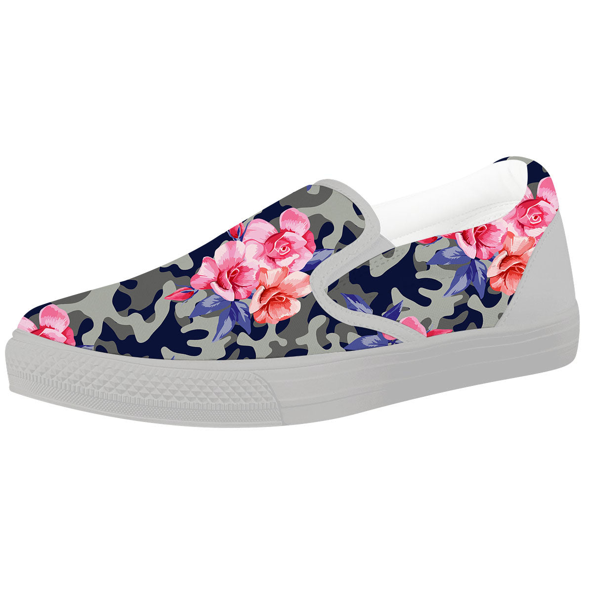 Camouflage Flower Pink Rose Print White Slip On Shoes-grizzshop
