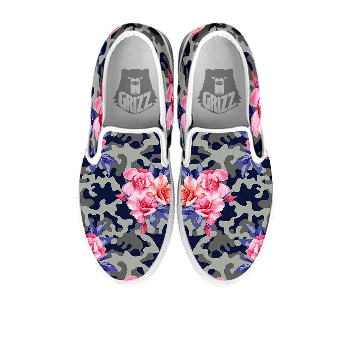 Camouflage Flower Pink Rose Print White Slip On Shoes-grizzshop