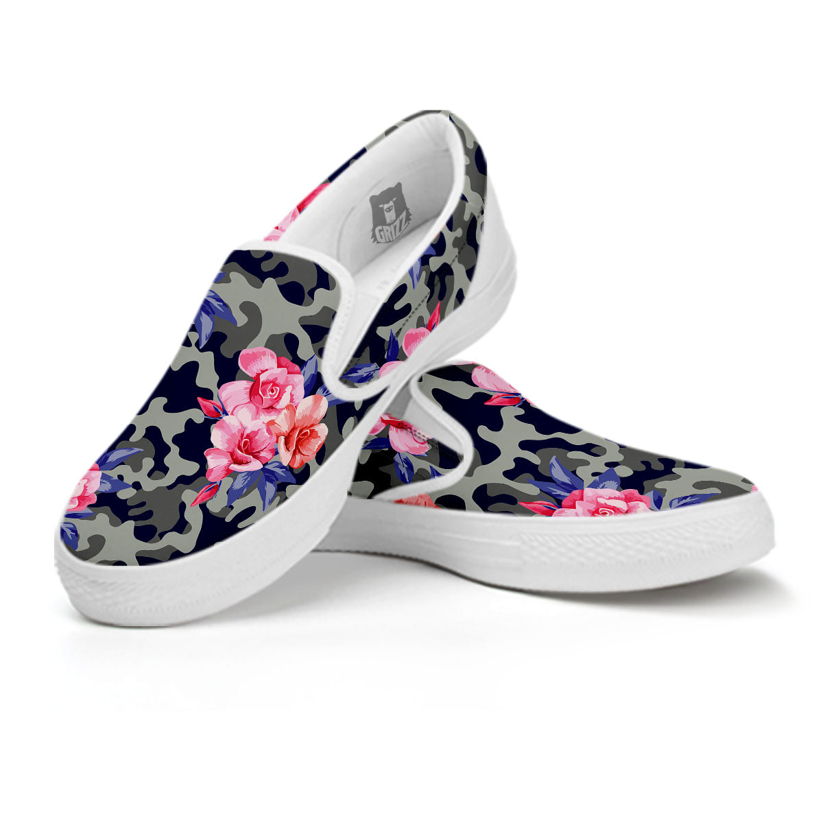Camouflage Flower Pink Rose Print White Slip On Shoes-grizzshop