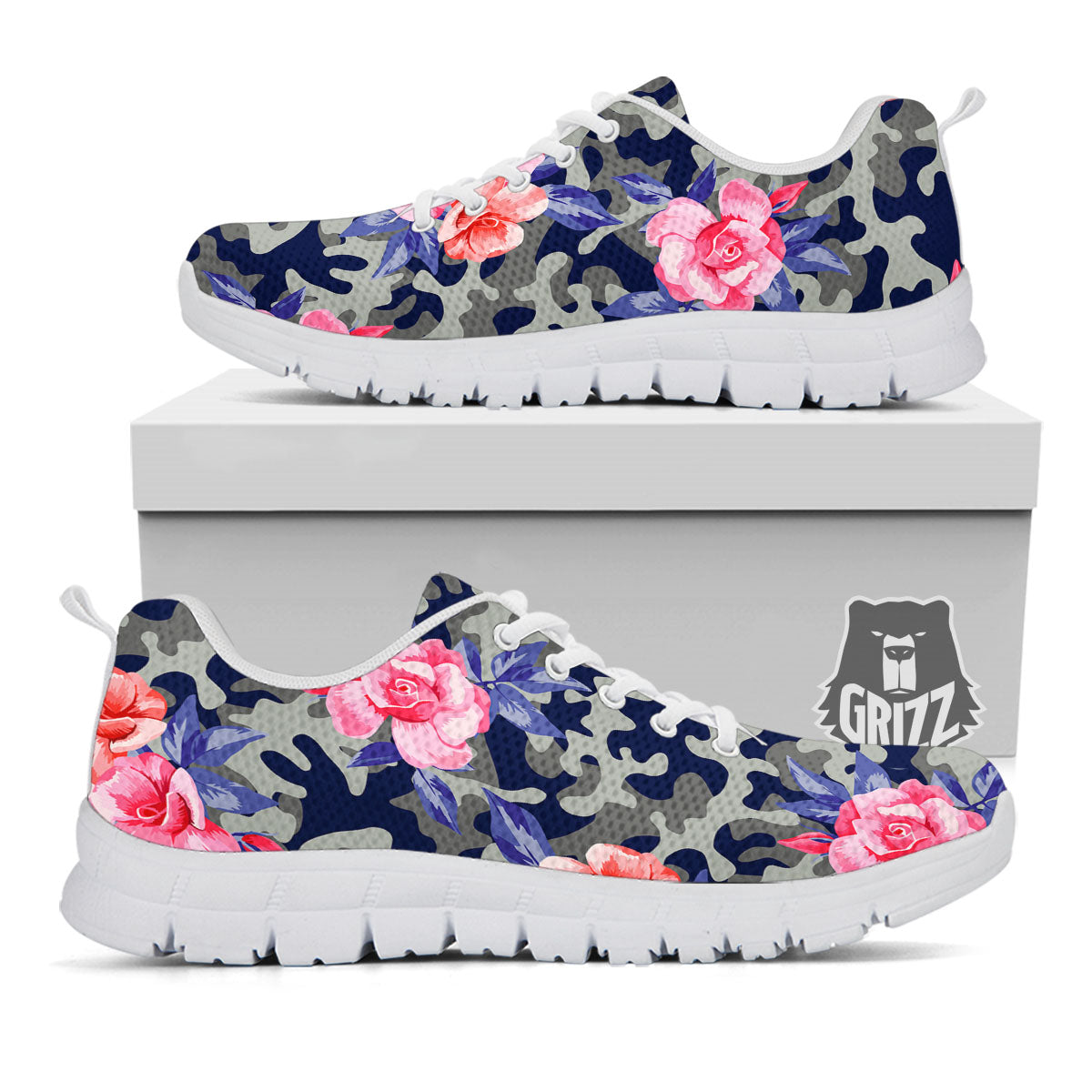 Camouflage Flower Pink Rose Print White Sneaker-grizzshop