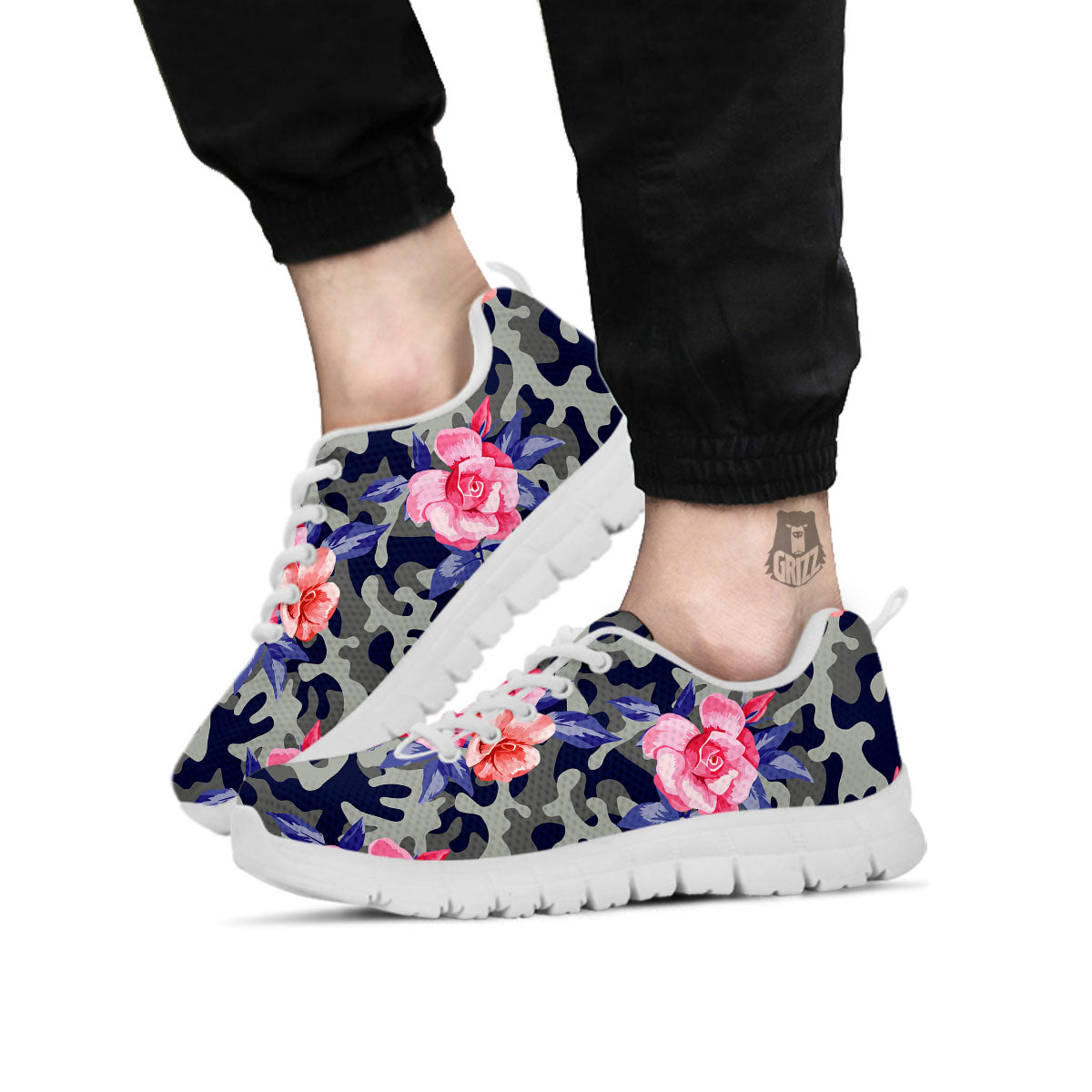 Camouflage Flower Pink Rose Print White Sneaker-grizzshop