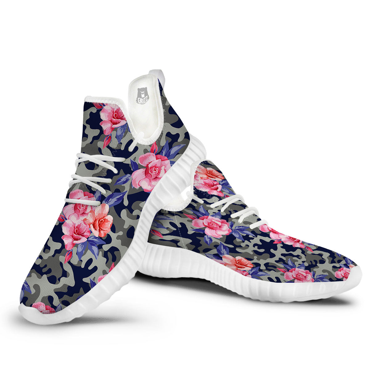 Camouflage Flower Pink Rose Print White Walking Shoes-grizzshop