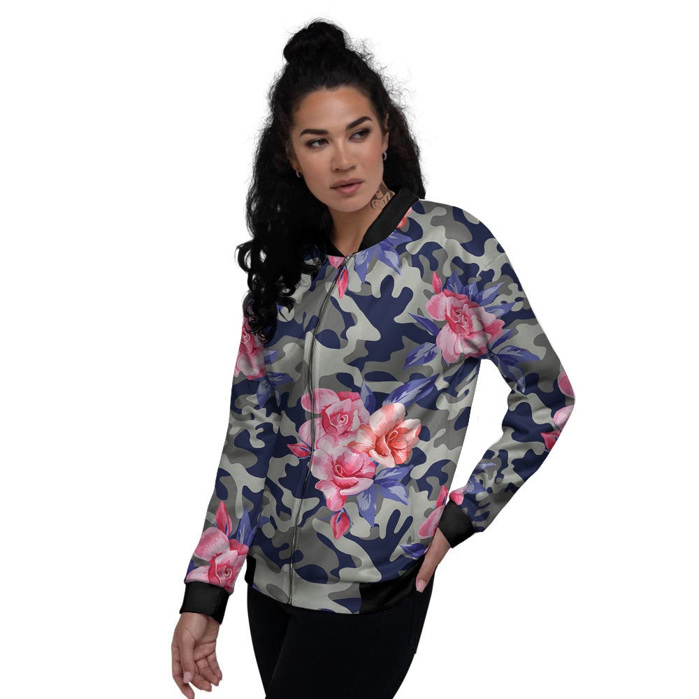 Camouflage Flower Pink Rose Print Women's Bomber Jacket-grizzshop